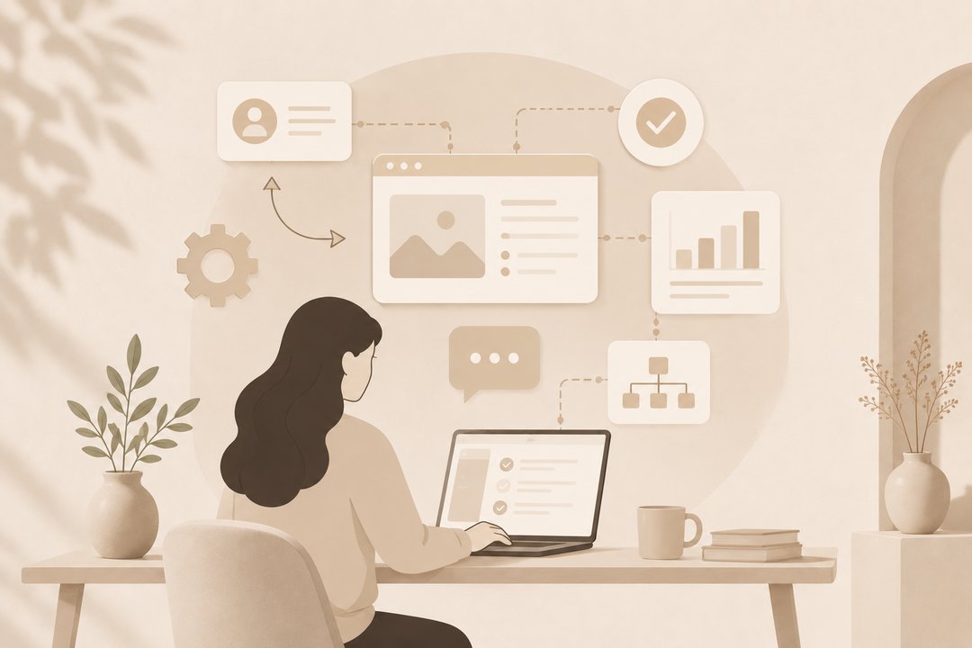Illustration of a consultant coordinating projects, processes, and tools from a central hub